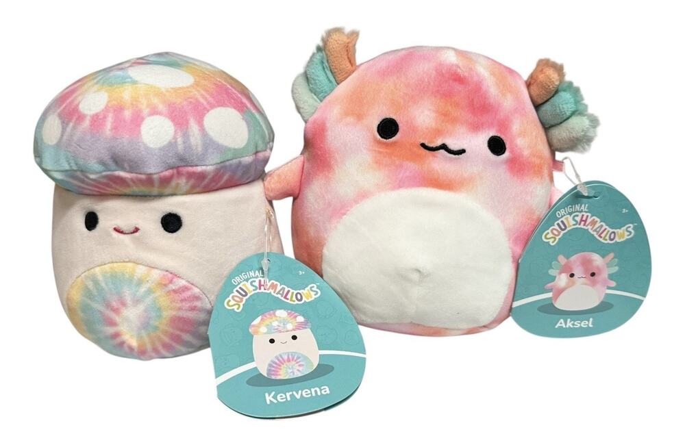 Squishmallows 5" Lot Of 2 Tie-Dye Kervena Mushroom Aksel Axolotl Stuffie NEW